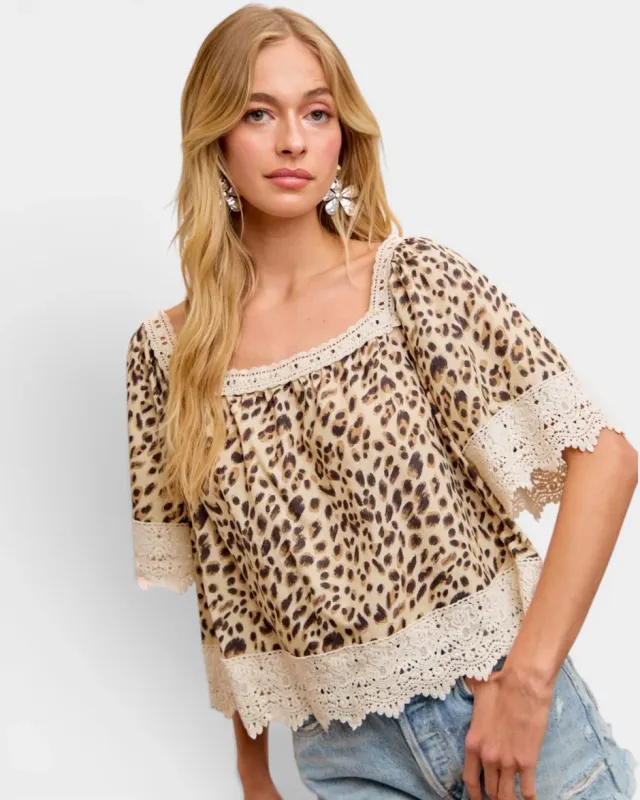 BiBi Leopard Lace Mix and Match Square Neckline Top