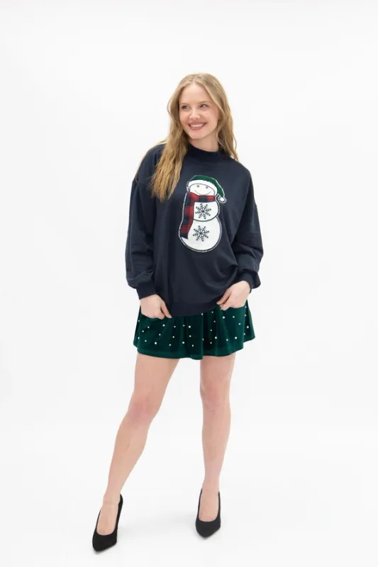 Glitter Snowman on Navy Mock Neck Top
