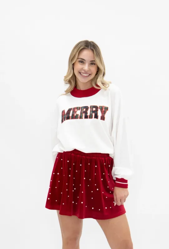 Plaid "Merry" on White LS Top with Red Cuffs