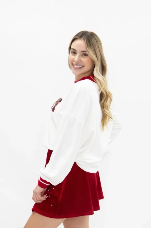 Plaid "Merry" on White LS Top with Red Cuffs