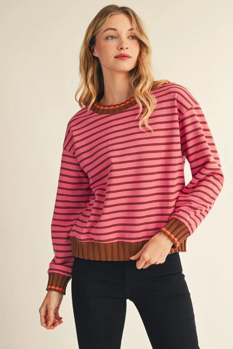 Light Weight Knit Sweater - Pink/Brown, Size: S