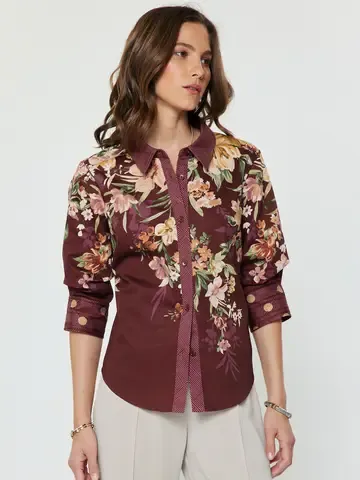 Floral Printed 3/4 Sleeve Button Shirts, Size: XS