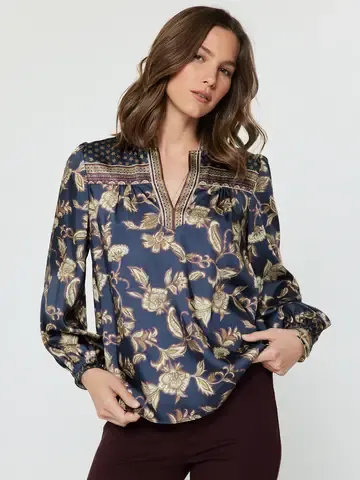 FLORAL BORDER PRINTED BLOUSE, Size: S