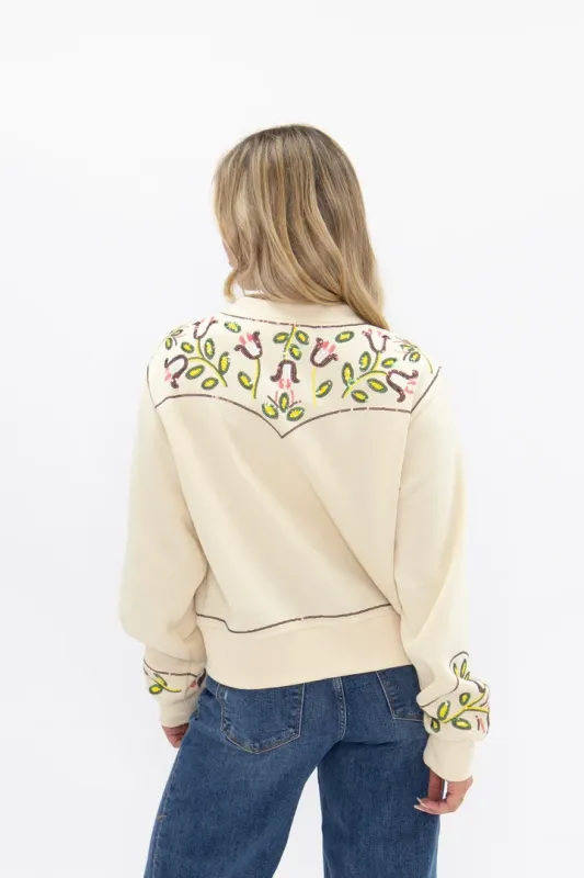 Sweatshirt Cardigan w/ Sequin Western Yoke -Beige