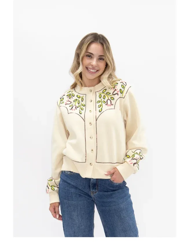 Sweatshirt Cardigan w/ Sequin Western Yoke -Beige, Size: S