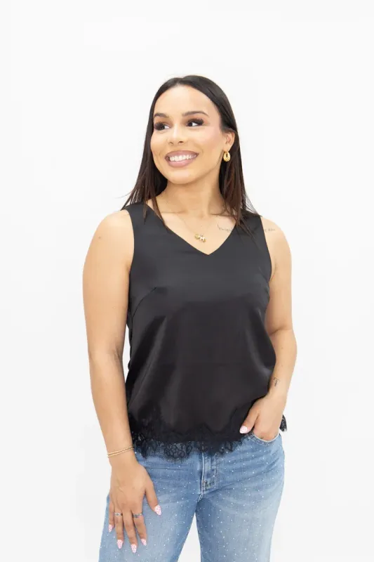 SATIN V-NECK TANK W/LACE