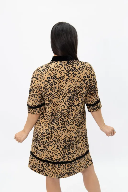 TUNIC DRESS W/VELVET TRIM-LEOPARD