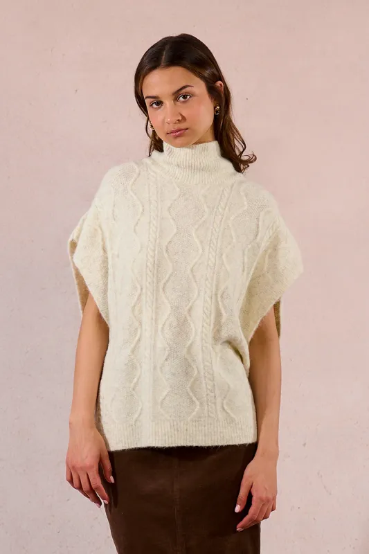 Knit Poncho - Beige-OS