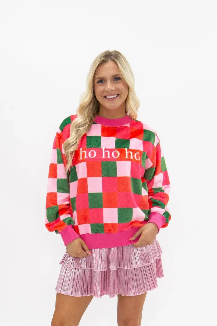 Ho Ho Ho Fuzzy Checkered Sweatshirt, Size: S