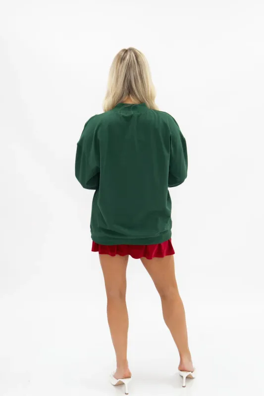 Chenille Jolly on Green LS Top w/varsity stripe