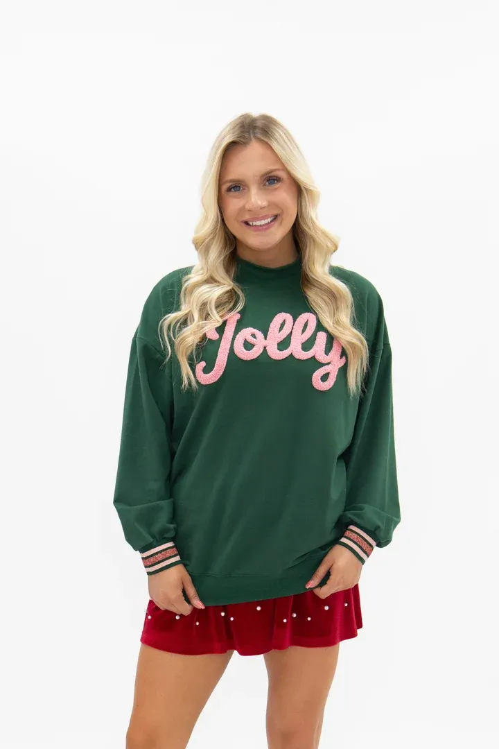Chenille Jolly on Green LS Top w/varsity stripe, Size: S