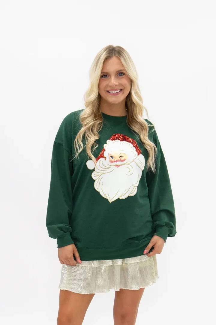 Glitter Santa on Green LS Top, Size: S