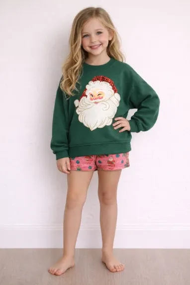 Glitter Santa Kid LS Green LS Top