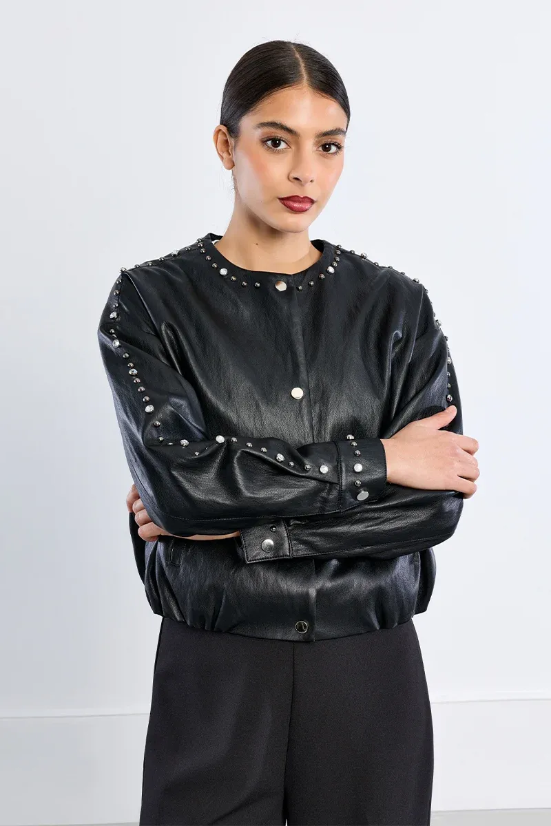 Studded (faux) Leather Jacket - Black, Size: S