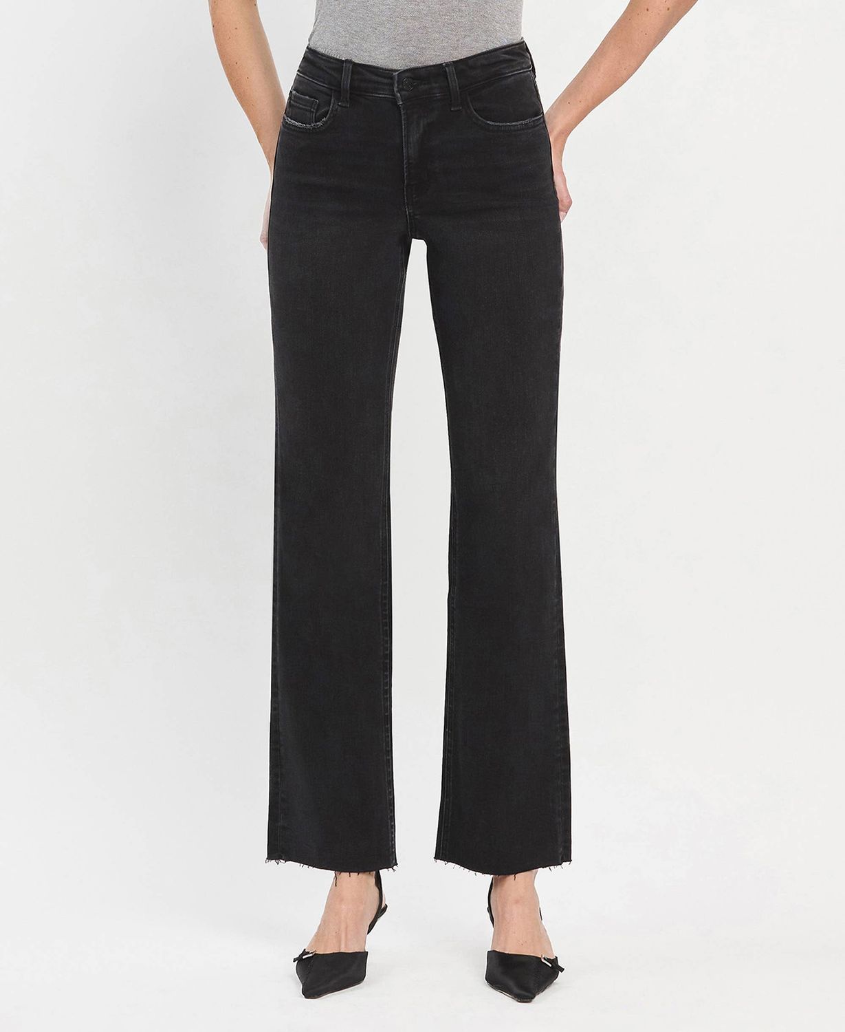 HIGH RISE SLIM WIDE JEANS  - Black, COLOR: Black, Size: 26