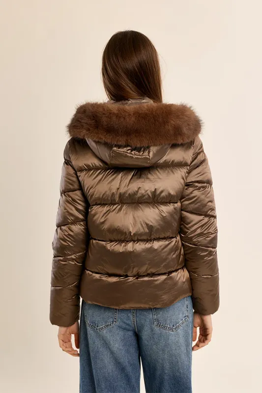 Hooded Puffer Jacket w/Fur - Brown