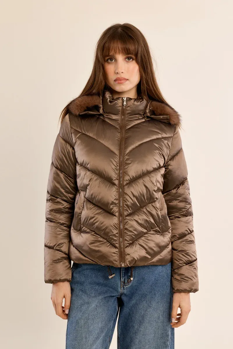 Hooded Puffer Jacket w/Fur - Brown, Size: S