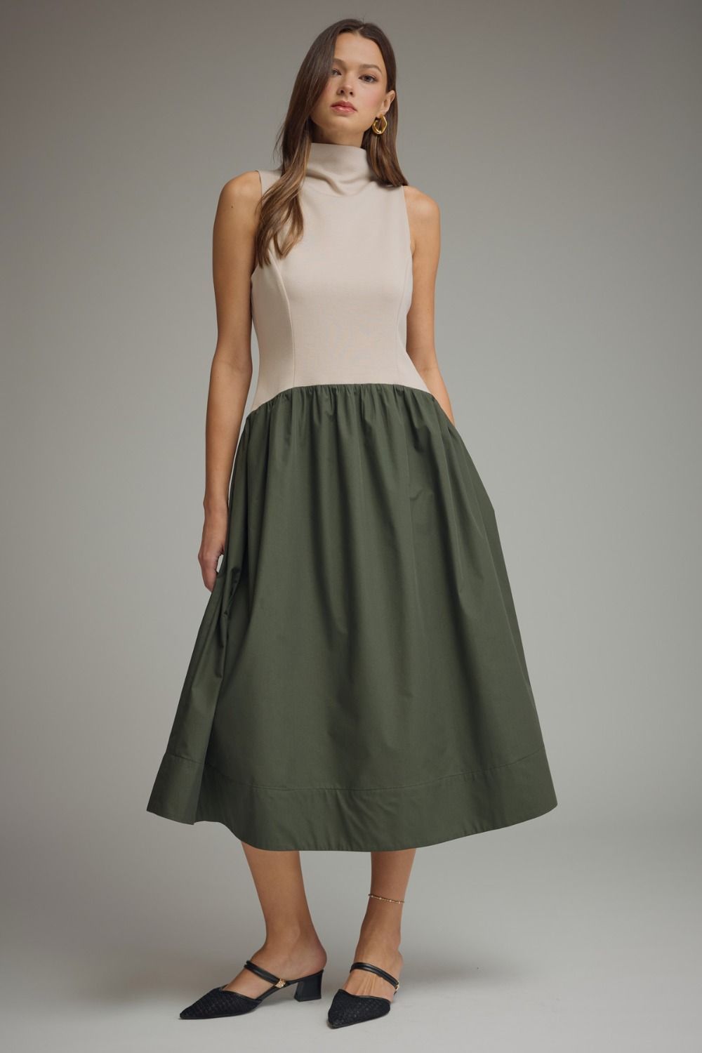 Contrast Midi Dress - Green/Cream, Size: S