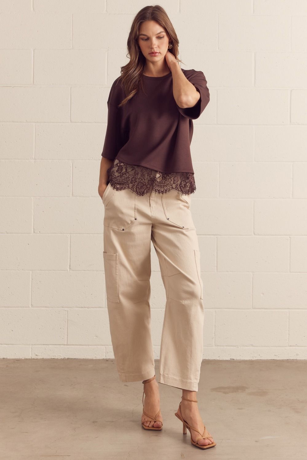 Solid Lace Hem Top - Chocolate, Size: S