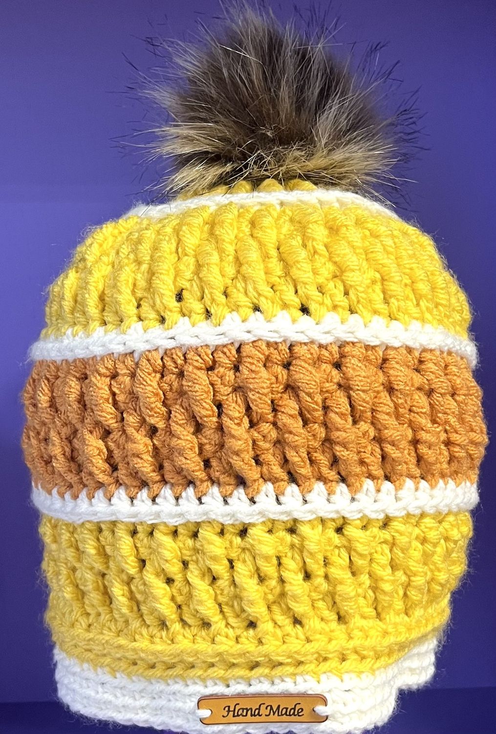 Adult Crochet Hat, Colour: Faux fur w/Yellow