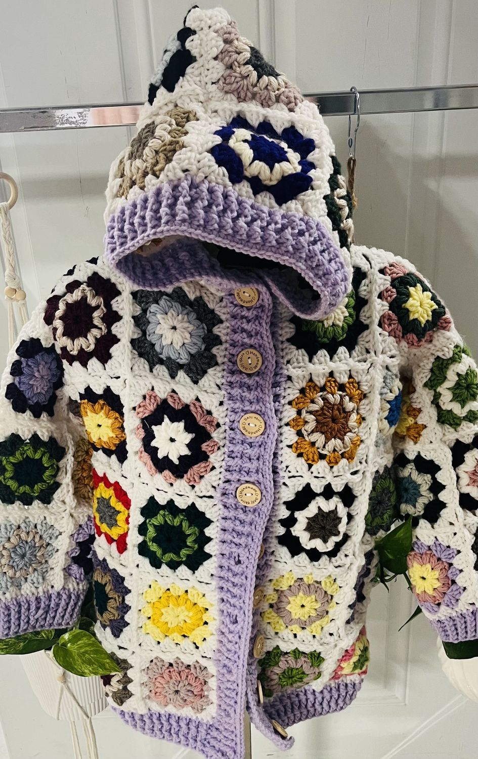Crochet Sweater, Colour: Granny squares w/Purple trim