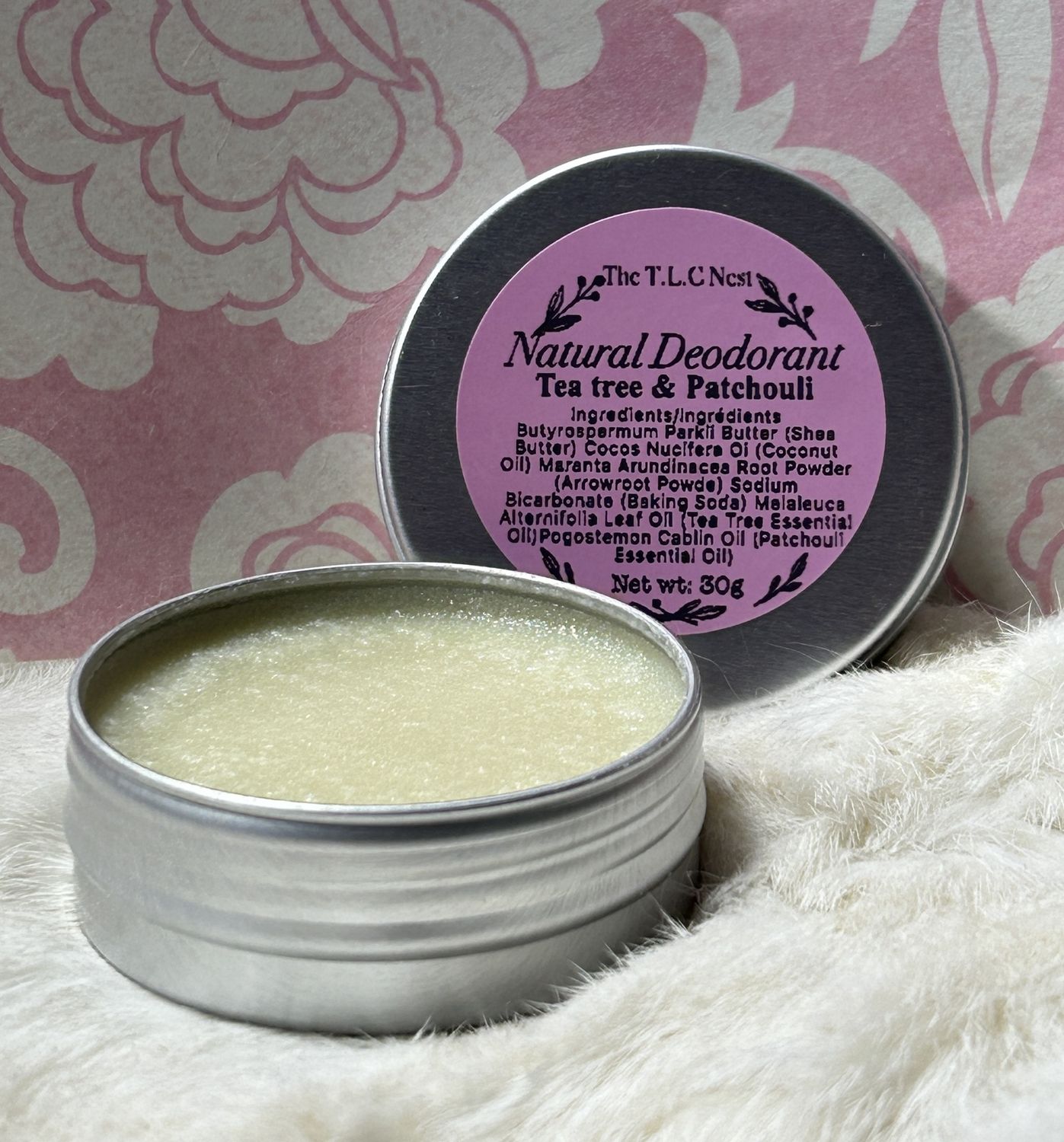 Natural Deodorant, scent: Tea tree + Patchouli