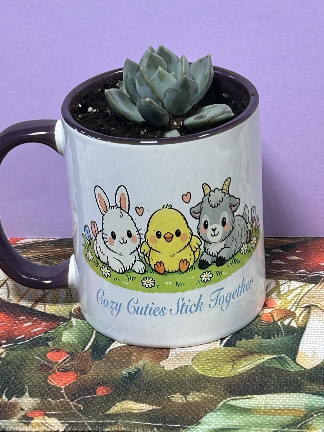 Spring mug w/succulent, design: Cozy Cuties