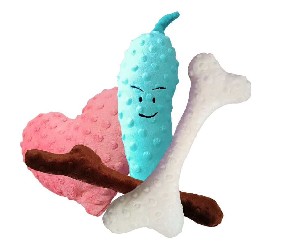 Zestaw Pluszowych Zabawek dla Psa - Patyk, Kość, Ogórek i Serduszko