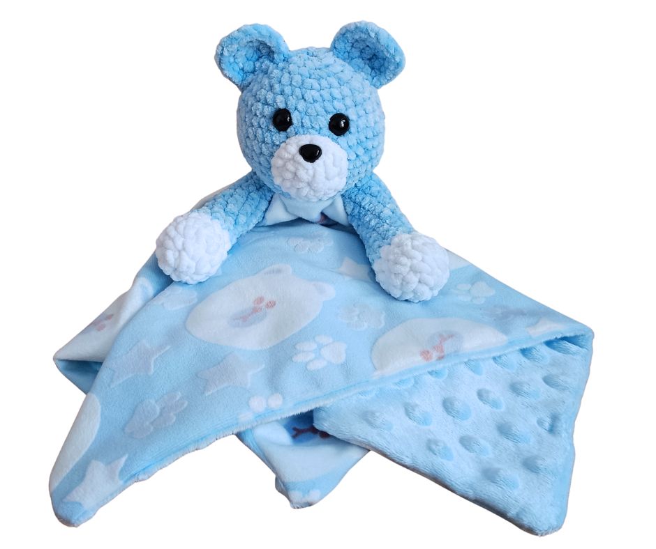 Kocyk Przytulanka Uspokajacz Minky - Miś Niebieski Prezent Roczek Urodziny