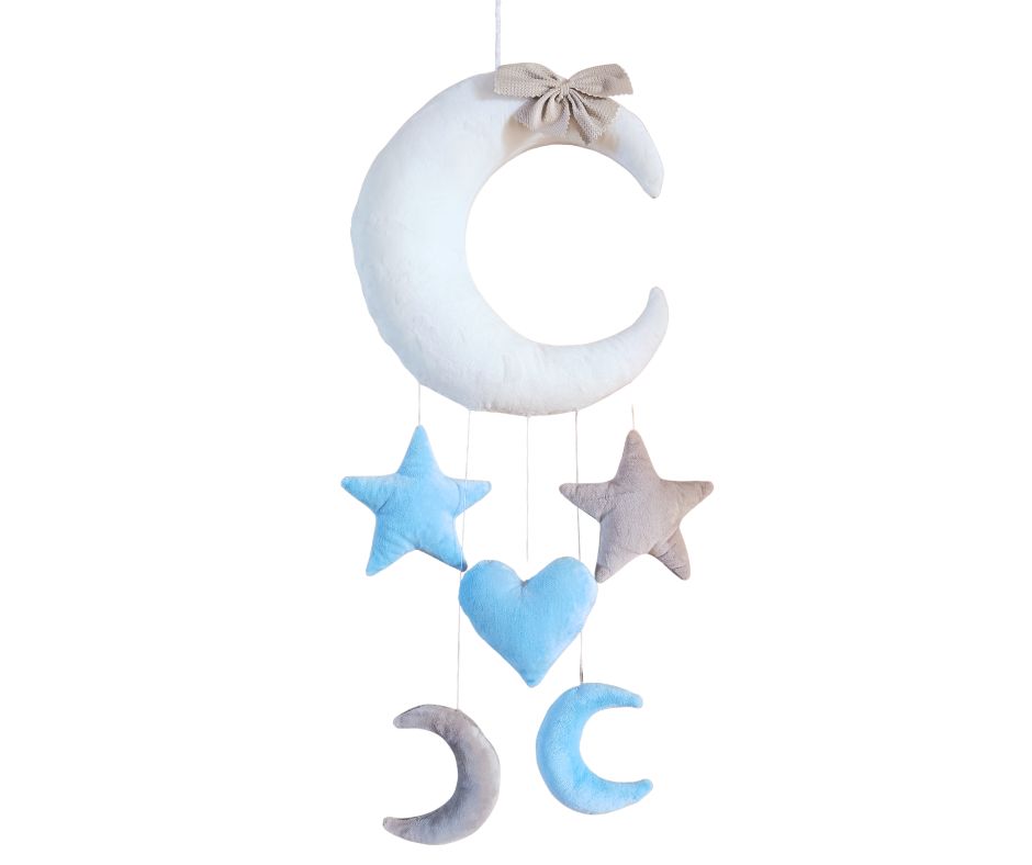 Girlanda zawieszka dekoracja do baldachimu moskitiery łóżeczka Księżyc Niebieski + Beż