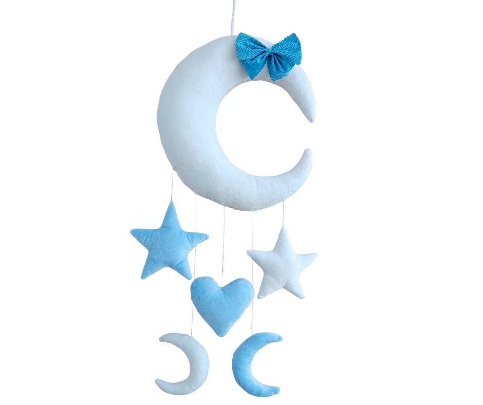 Girlanda zawieszka dekoracja do baldachimu moskitiery łóżeczka Księżyc Niebieski + Biały