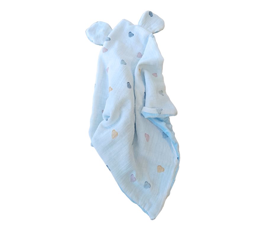 Przytulanka szmatka uspokajacz uszka misia muślin plusz Błękitny