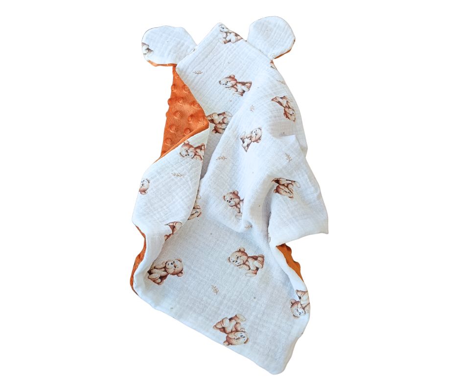 Przytulanka szmatka uspokajacz uszka misia muślin plusz Rudy