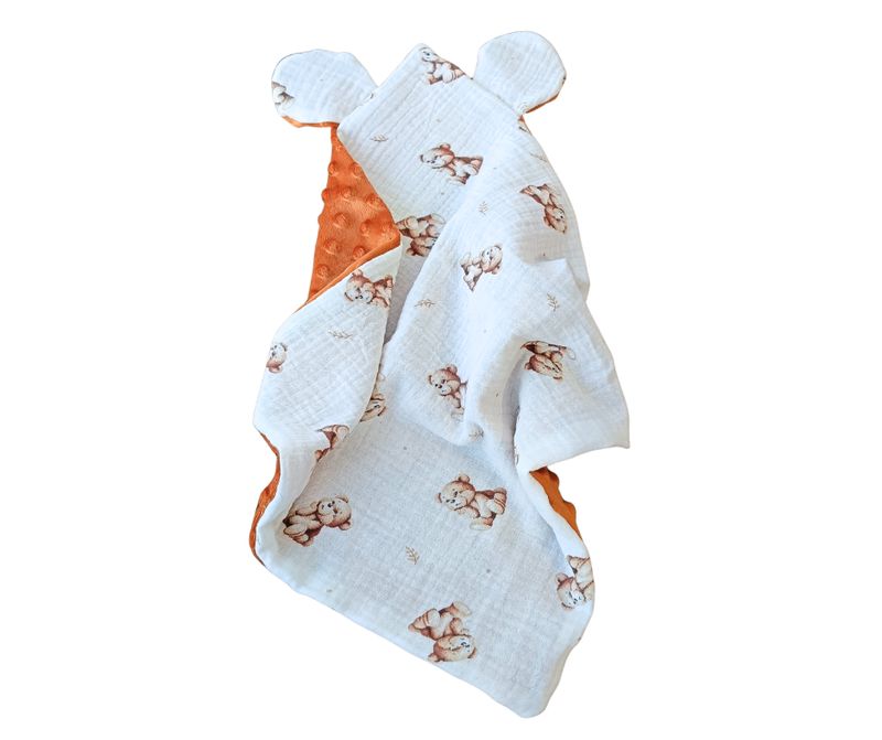 Przytulanka szmatka uspokajacz uszka misia muślin plusz Rudy