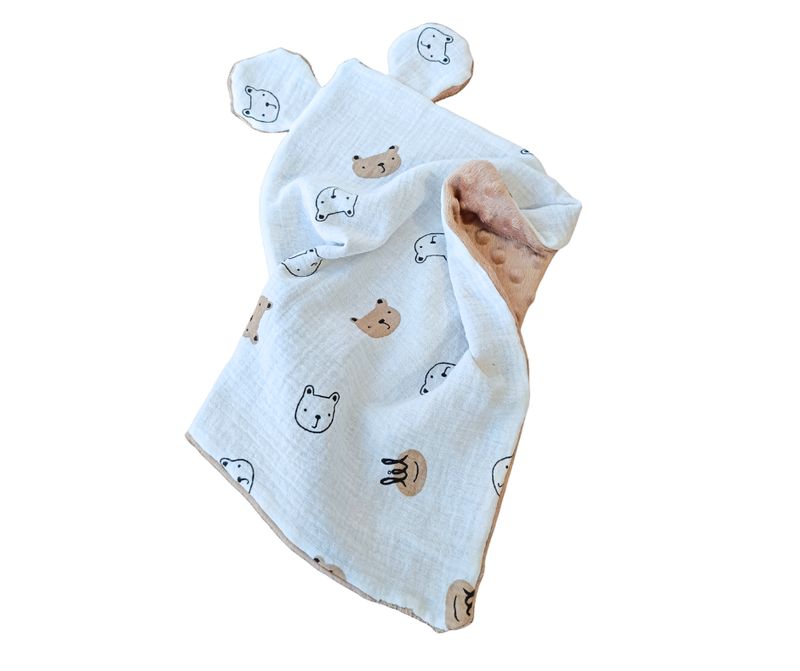 Przytulanka szmatka uspokajacz uszka misia muślin plusz Cappuccino