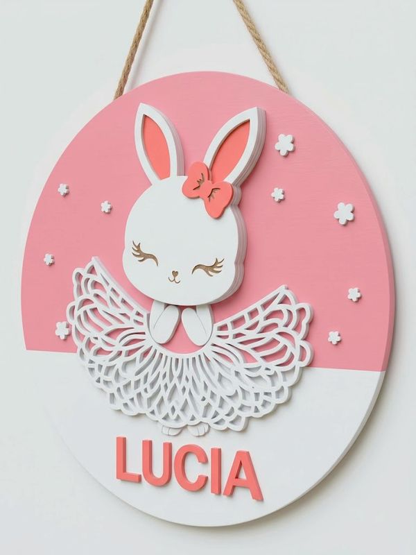 Placa decorativa personalizada para habitación infantil | Conejita bailarina en relieve | Nombre a medida | Regalo único para niña