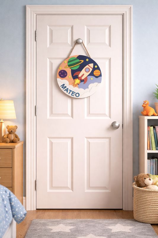 Placa decorativa artesanal para puerta de dormitorio de niños con diseño de cohete y planetas.