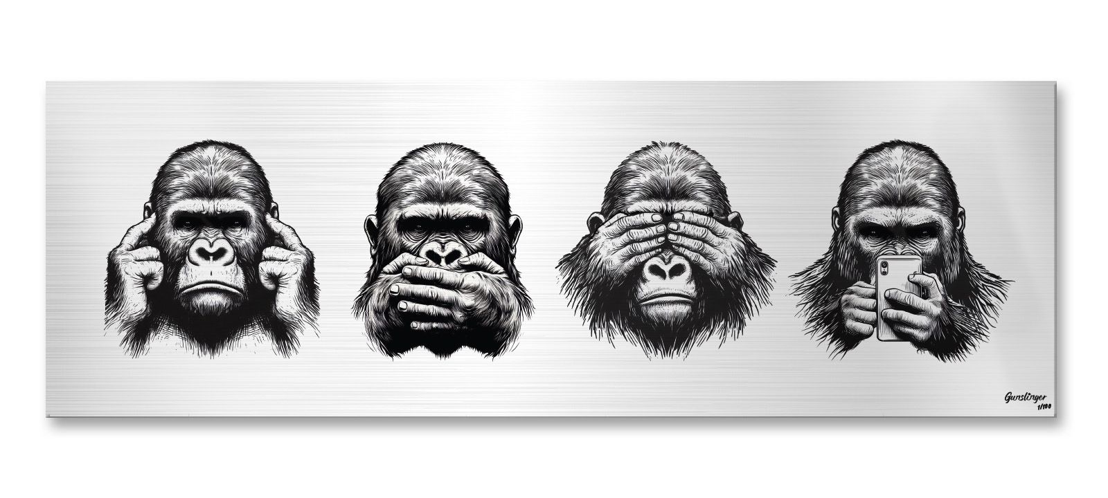 Nichts hören, nichts sagen, nichts sehen, nur auf das Smartphone schauen in abstrakten Gorilla-Portraits