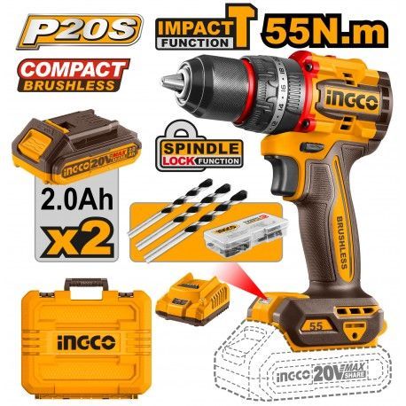 Trapano a Percussione 20V Compact Brushless 55N.m 2 Batterie 2ah+car.