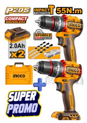 OFFERTA TRAPANO A PERCUSSIONE COMPACT BRUSHLESS 55Nm + TRAPANO A PERCUSSIONE BRUSHLESS + 2 BATT. + CARICATORE + 6 PUNTE PER MURATURA