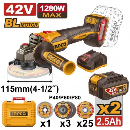 SMERIGLIATRICE 42V 1280W 115MM CON 2 BATTERIA E CARICABATTERIA SMERIGLIATRICE 42V 1280W 115MM CON 2 BATTERIA E CARICABATTERIA