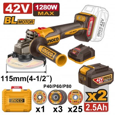 SMERIGLIATRICE 42V 1280W 115MM CON 2 BATTERIA E CARICABATTERIA - INGCO