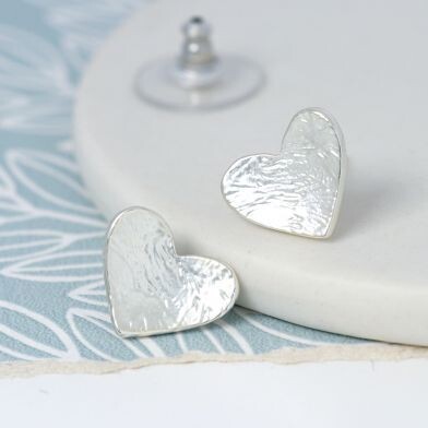 Silver Plated Foil Texture Heart Stud Earrings