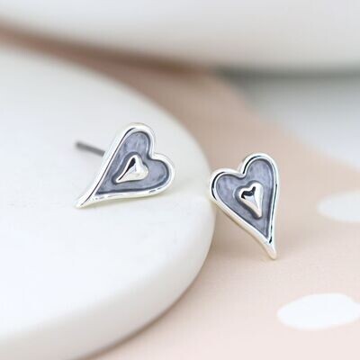 Silver Plated Enamel Heart Stud Earrings