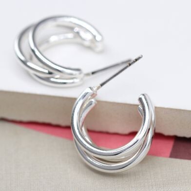 Silver plated triple strand hoop stud earrings