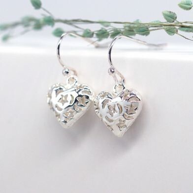 Silver plated heart drop earrings with cosmic cut-outs