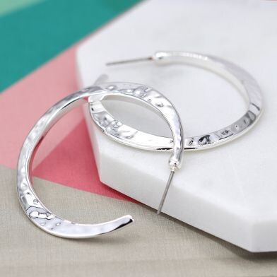Silver plated irregular hammered open hoop earrings