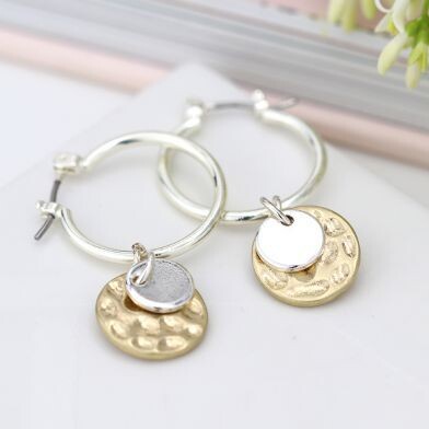 Silver plated hoop, hammered gold and silver disc earrings