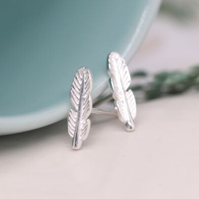 Tiny sterling silver fine feather stud earrings