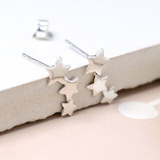 Sterling Silver Row of Stars Stud Earrings